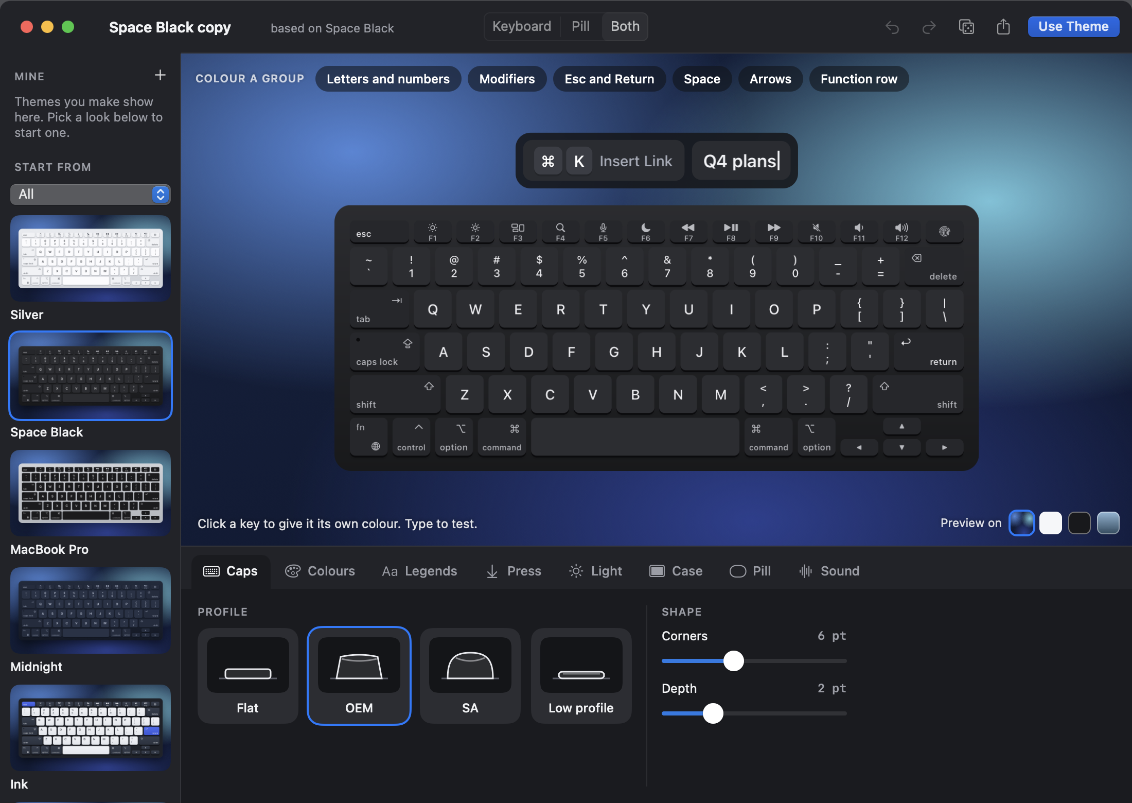 Theme Studio: a board on its stage, the themes down the side, and a tray of caps, colors and legends